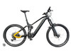 Schwarzes Mountainbike mit Federung und gelben Akzenten.
