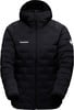 Schwarze Mammut-Daunenjacke mit Reißverschluss und Logo auf der Brust.