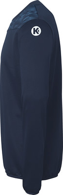 Dunkelblaue Jacke mit K-Logo auf dem Ärmel und geometrischem Muster auf den Schultern. Dunkelblaue Jacke mit K-Logo auf dem Ärmel und geometrischem Muster auf den Schultern.