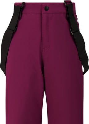 Damenhose mit Latz in Dunkelviolett mit schwarzen Trägern. Damenhose mit Latz in Dunkelviolett mit schwarzen Trägern.