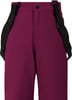 Damenhose mit Latz in Dunkelviolett mit schwarzen Trägern.
