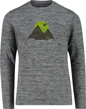 Graues Langarmshirt mit Berg- und Sonnenaufdruck.
