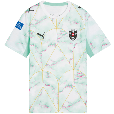Trikot mit Marmormuster und goldenen Linien, OFB- und Puma-Logo.