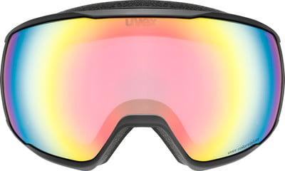 Skibrille mit farbig verspiegeltem Glas und schwarzem Rahmen.