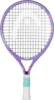 Ein lilafarbener Tennisschläger mit weißen und türkisfarbenen Mustern auf dem Griff.