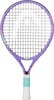 Ein lilafarbener Tennisschläger mit weißen und türkisfarbenen Mustern auf dem Griff.