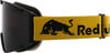 Skibrille mit schwarzem Rahmen und gelbem Band mit Red Bull Logo.