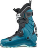 Türkisblauer Skischuh mit schwarzen Riemen und Scarpa-Logo.