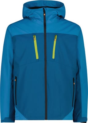 Blaue Herrenjacke mit Kapuze und gelben Reißverschlüssen an den Taschen. Blaue Herrenjacke mit Kapuze und gelben Reißverschlüssen an den Taschen.