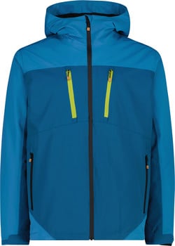 Blaue Herrenjacke mit Kapuze und gelben Reißverschlüssen an den Taschen.