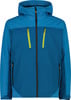 Blaue Herrenjacke mit Kapuze und gelben Reißverschlüssen an den Taschen.