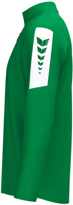 Grüne Jacke mit weißem Streifen und Logo am Ärmel. Grüne Jacke mit weißem Streifen und Logo am Ärmel.