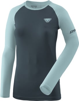 Damen Langarmshirt, dunkelgrau mit blauen Ärmeln und Logo.
