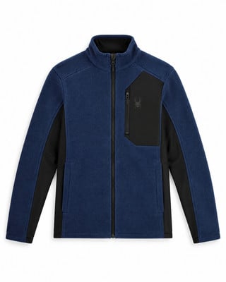 Blaue Fleecejacke mit schwarzen Einsätzen und Spyder-Logo auf der Brusttasche. Blaue Fleecejacke mit schwarzen Einsätzen und Spyder-Logo auf der Brusttasche.