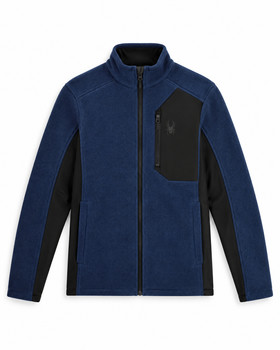Blaue Fleecejacke mit schwarzen Einsätzen und Spyder-Logo auf der Brusttasche.