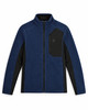 Blaue Fleecejacke mit schwarzen Einsätzen und Spyder-Logo auf der Brusttasche.