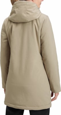 Rückansicht einer Damen-Beige-Jacke mit Kapuze aus glattem Material. Rückansicht einer Damen-Beige-Jacke mit Kapuze aus glattem Material.