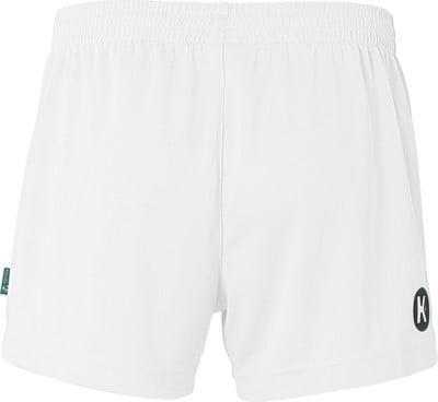 Weiße Sporthose mit Logo und grünem Etikett.