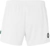 Weiße Sporthose mit Logo und grünem Etikett.