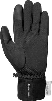 Schwarze Handschuhe mit Fischgrätenmuster und WINDSTOPPER-Logo. Schwarze Handschuhe mit Fischgrätenmuster und WINDSTOPPER-Logo.