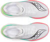 Zwei weiße Saucony-Laufschuhe mit bunten Sohlendetails.