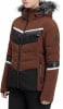 Braune Daunenjacke mit schwarzen und weißen Details und Pelzbesatz an der Kapuze.