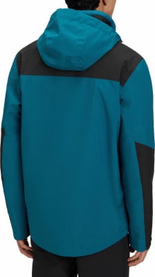 Rückansicht einer blau-schwarzen Kapuzenjacke, getragen über schwarzen Hosen. Rückansicht einer blau-schwarzen Kapuzenjacke, getragen über schwarzen Hosen.