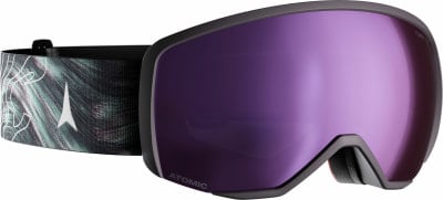 Atomic Skibrille mit violetter Spiegellinse und gemustertem Band. Atomic Skibrille mit violetter Spiegellinse und gemustertem Band.