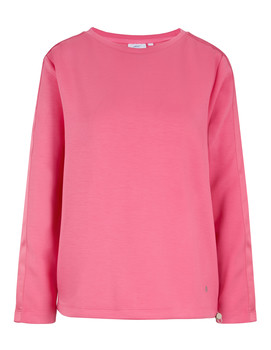 Ein rosafarbener Damenpullover mit langen Ärmeln und Rundhalsausschnitt.