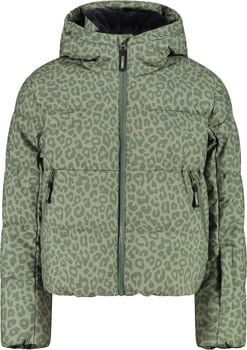 Grüne Steppjacke mit Leopardenmuster und Kapuze.