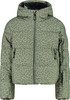 Grüne Steppjacke mit Leopardenmuster und Kapuze.