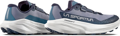 Zwei blaue La Sportiva Prodigio Z Laufschuhe mit weißer Sohle auf weißem Hintergrund.