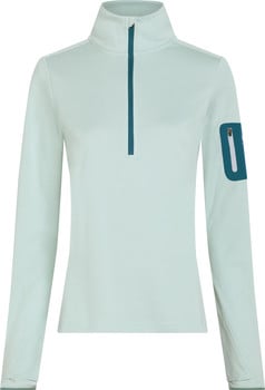 Hellgrünes Damen-Langarmshirt mit dunkelgrünem Reißverschluss am Kragen.