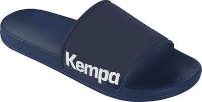 Dunkelblaue Kempa-Sandale mit weißem Logo. Dunkelblaue Kempa-Sandale mit weißem Logo.