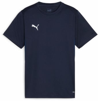 Dunkelblaues Puma-T-Shirt mit weißem Logo und kurzen Ärmeln.