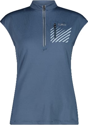 Damen-T-Shirt in Blau mit kurzen Ärmeln und Reißverschlusstasche. Damen-T-Shirt in Blau mit kurzen Ärmeln und Reißverschlusstasche.