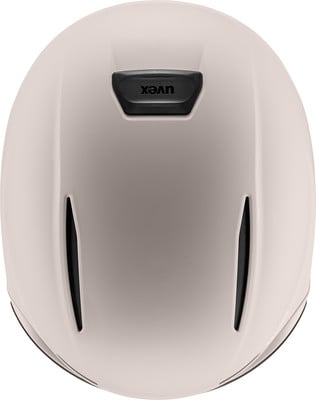 Hellbeige Helm mit schwarzem Uvex-Logo und seitlichen Lüftungsschlitzen.