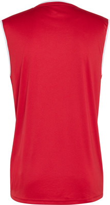 Rotes ärmelloses T-Shirt mit weißem Kragen und Armbündchen. Rotes ärmelloses T-Shirt mit weißem Kragen und Armbündchen.