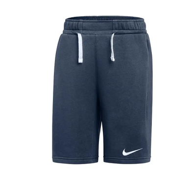 Marineblaue Nike-Shorts mit weißem Kordelzug und Logo.