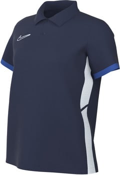 Dunkelblaues Nike Poloshirt mit weißem Logo und blauen Ärmeldetails.