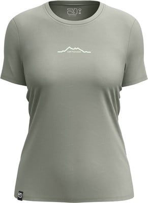 Damen-T-Shirt in Grün mit kurzem Ärmel und Bergmotiv. Damen-T-Shirt in Grün mit kurzem Ärmel und Bergmotiv.