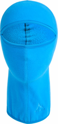 Blaue Fleece-Sturmhaube mit Gesichtsöffnung und Logo unten.