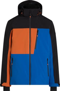 Eine Kapuzenjacke in Schwarz, Orange und Blau mit Reißverschluss.