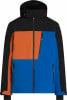Eine Kapuzenjacke in Schwarz, Orange und Blau mit Reißverschluss.