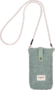 Grüne Teddy-Tasche zum Umhängen mit beigem Band und Druckknopfverschluss.
