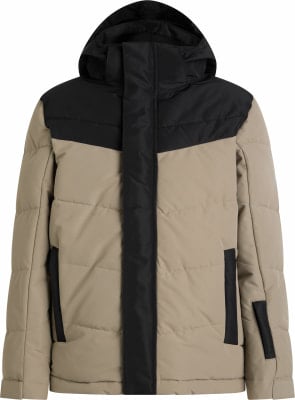Beige Daunenjacke mit schwarzen Details und Kapuze. Beige Daunenjacke mit schwarzen Details und Kapuze.