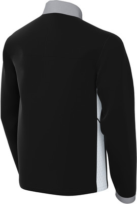 Schwarze Jacke mit grauem Kragen und weißen Seitenpaneelen.