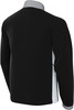 Schwarze Jacke mit grauem Kragen und weißen Seitenpaneelen.