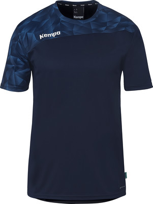 Dunkelblaues Kempa-Shirt mit geometrischem Aufdruck auf Schulter und Brust.