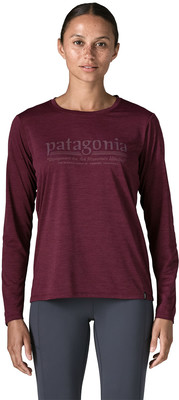 Damen-Burgunderrot-Langarmshirt mit Patagonia-Logo. Damen-Burgunderrot-Langarmshirt mit Patagonia-Logo.